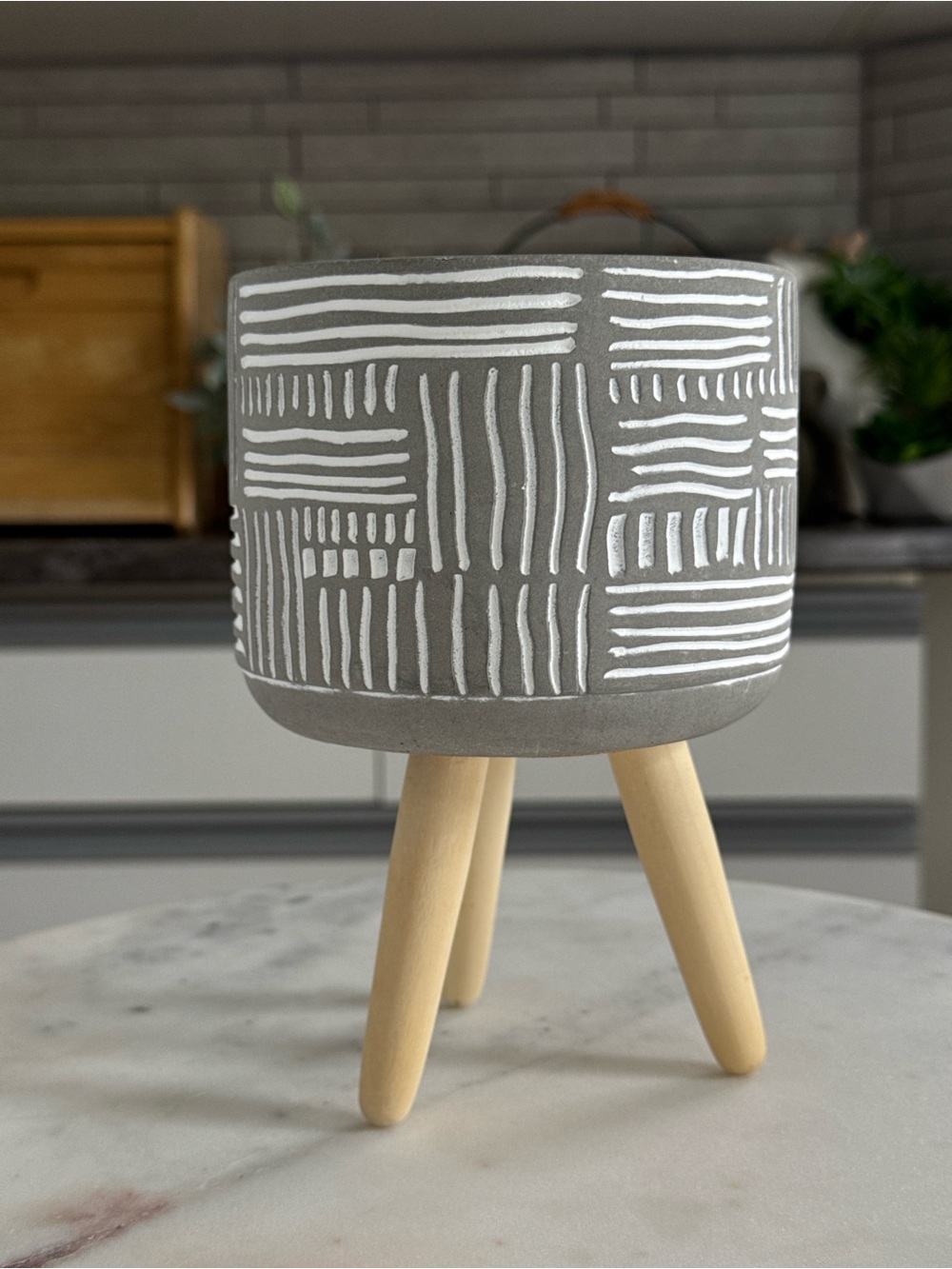Modern Grey Geometric Planter Pot on Wooden Tripod Legs